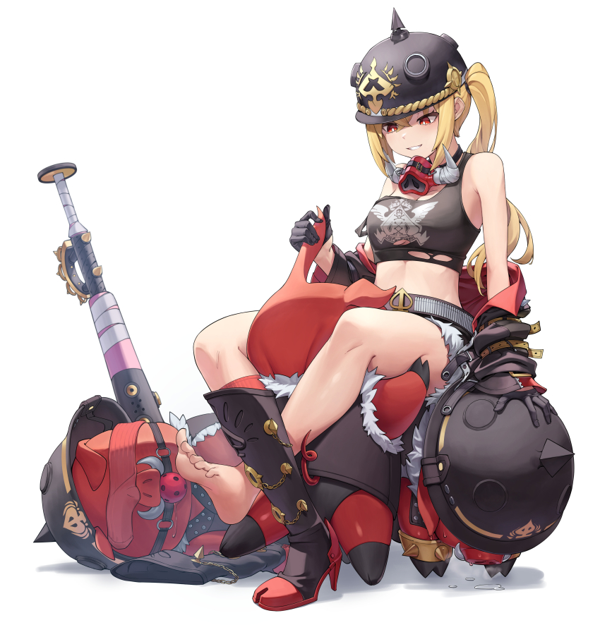 1girl, absurdres, bangboo_(zenless_zone_zero), baseball_bat, between_legs, black_boots, black_shorts, blonde_hair, boots, breasts, commentary_request, crop_top, helmet, high_heel_boots, high_heels, highres, korean_commentary, long_hair, luciana_de_montefio, midriff, motorcycle_helmet, mouth_gag, police_riot_(artist), red_eyes, short_shorts, shorts, side_ponytail, single_bare_foot, single_bare_leg, sitting, sitting_on_person, small_breasts, soles, thighs, toes, zenless_zone_zero