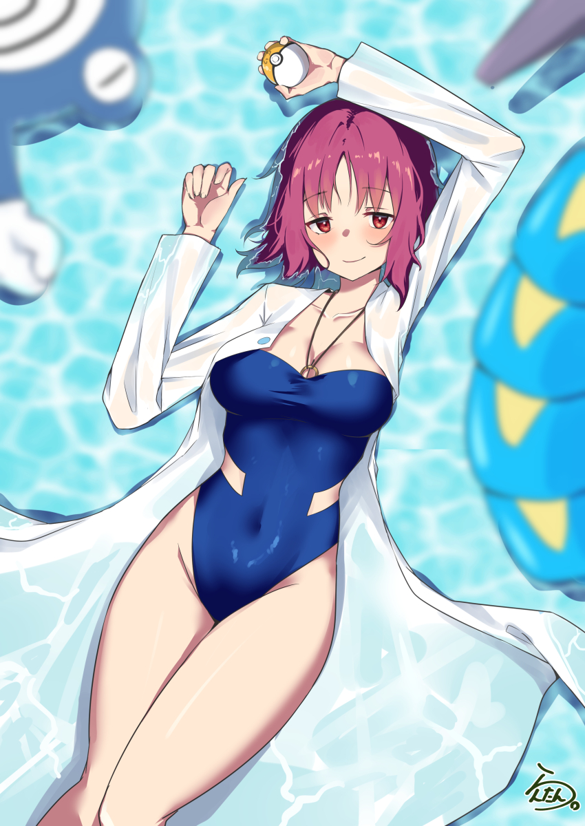 1girl, absurdres, afloat, arm_up, blue_one-piece_swimsuit, breasts, cleavage, closed_mouth