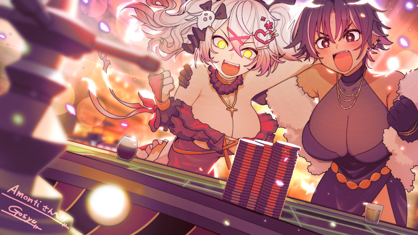 2girls, amonti_ado_(vtuber), bare_shoulders, black_dress, black_eyes, black_gloves, black_hair, blurry, blurry_background, blurry_foreground, bon_(vtuber), breasts, bridal_gauntlets, casino, cleavage, clenched_hand, colored_tips, commission, dark-skinned_female, dark_skin, dress, drink, ear_piercing, earrings, elbow_gloves, feather_boa, ghost_hair_ornament, gloves, hair_ornament, hand_on_another's_shoulder, heart, heart_hair_ornament, indie_virtual_youtuber, jewelry, large_breasts, multicolored_hair, multiple_girls, necklace, open_mouth, piercing, pink_hair, poker_chip, roulette, roulette_table, see-through_cleavage, see-through_clothes, short_hair, skeb_commission, strapless, strapless_dress, streaked_hair, table, teeth, upper_teeth_only, virtual_youtuber, white_hair, yellow_eyes, yugami_gooshu