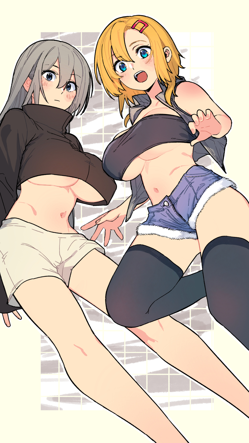 2girls, absurdres, black_thighhighs, blonde_hair, blue-eyes_white_dragon, blush, breasts, check_copyright, commission, copyright_request, double-parted_bangs, feet_out_of_frame, grey-haired_cat_girl_(kotatsu-mazoku), hair_between_eyes, highres, large_breasts, multiple_girls, navel, original, paid_reward_available, short_shorts, shorts, sidelocks, skeb_commission, strapless, teeth, thighhighs, tube_top, underboob, upper_teeth_only, yugami_gooshu