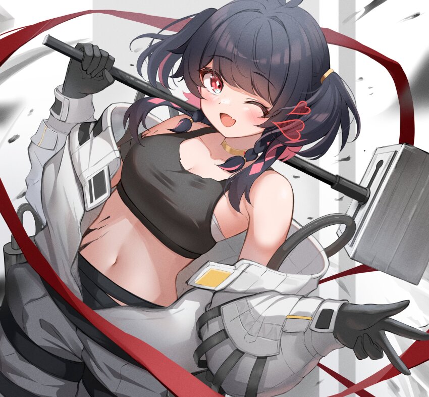 1girl, absurdres, black_gloves, black_hair, black_shirt, breasts, commentary, commission, cowboy_shot, cropped_shirt, cross_in_eye, fang, gloves, hammer, heart, highres, holding, holding_behind_neck, holding_hammer, jumpsuit, mahiro_(mahiron1062), medium_breasts, mivi_aivori, multicolored_hair, navel, one_eye_closed, open_jumpsuit, open_mouth, pink_hair, red_eyes, shirt, skeb_commission, skin_fang, sleeveless, sleeveless_shirt, solo, standing, twintails, two-tone_hair, unzipped, v&amp;u_entertainment, virtual_youtuber, white_jumpsuit