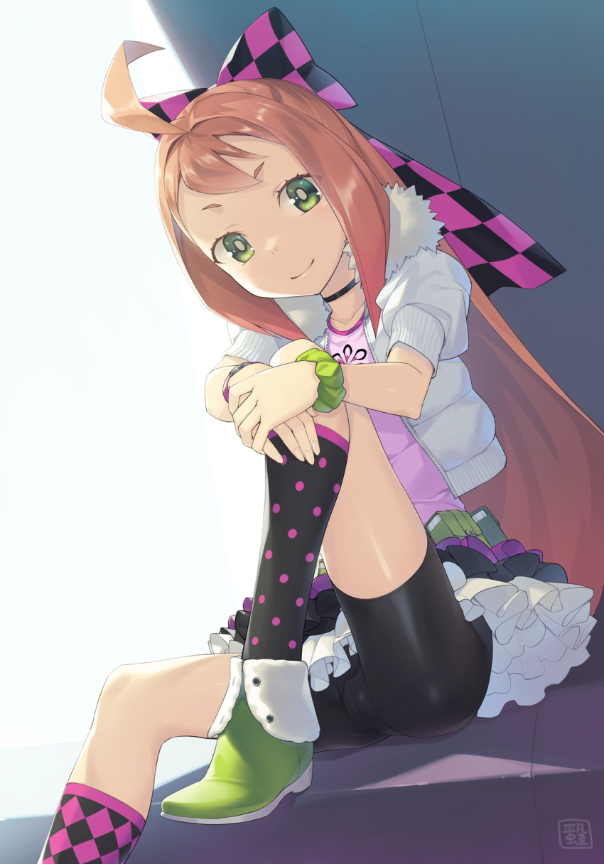 1girl, 7th_dragon_(series), 7th_dragon_iii, ahoge, bike_shorts, boots, bow, choker, duelist_(7th_dragon), green_eyes, hair_bow, heibonkaeru, highres, jacket, knee_up, large_bow, long_hair, open_clothes, open_jacket, orange_hair, sitting, smile, solo