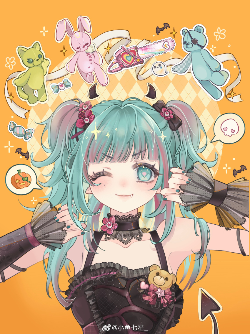 1girl, absurdres, aqua_eyes, aqua_hair, aqua_nails, arm_ribbon, bare_shoulders, bat_(animal)