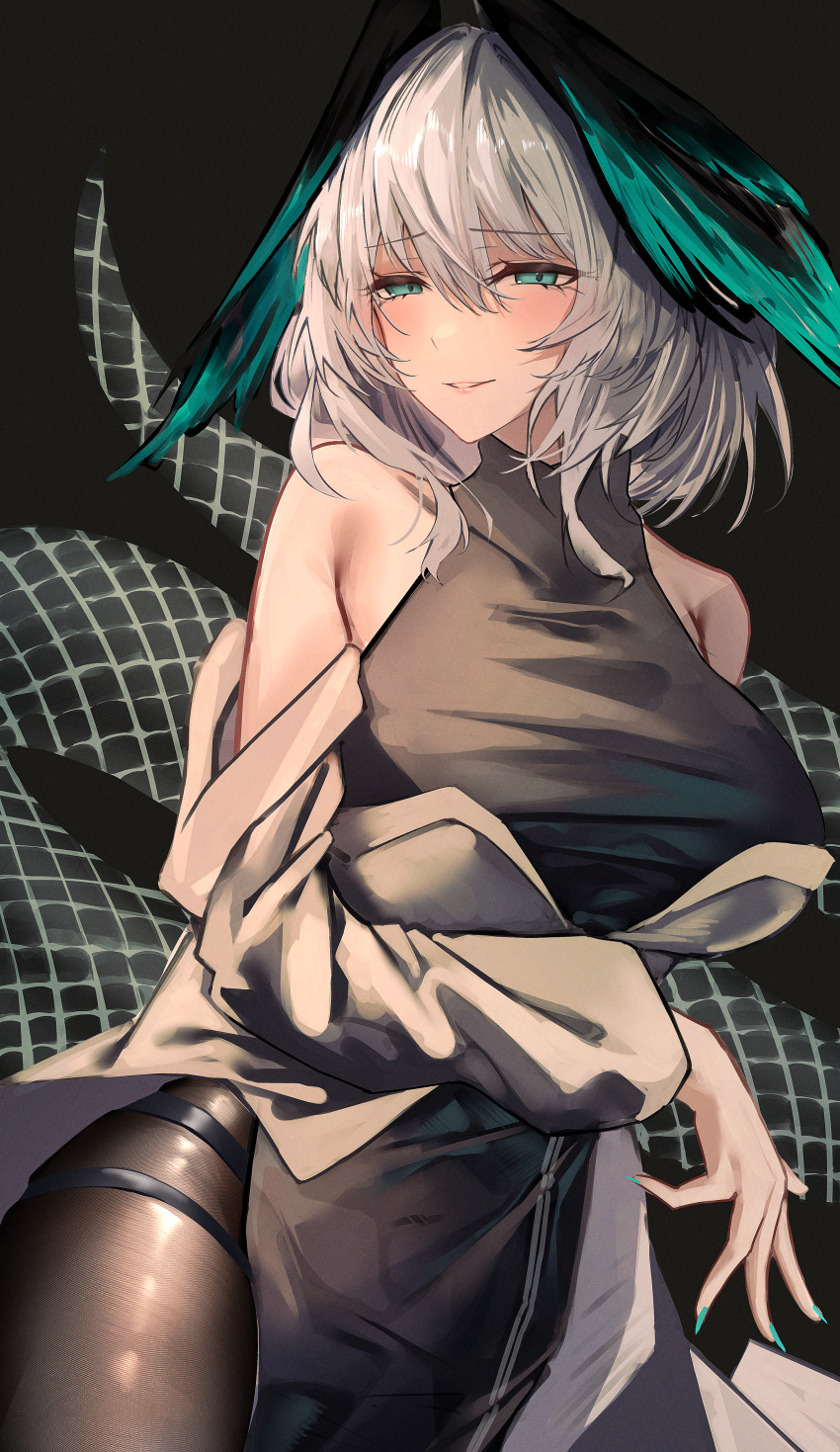 1girl, absurdres, arknights, bare_shoulders, black_background, black_dress, black_pantyhose, breasts