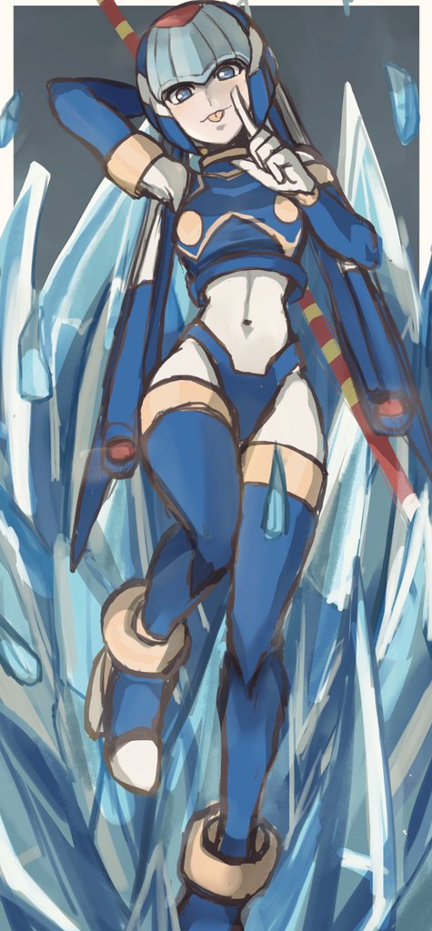 1girl, armor, blue_armor, blue_helmet, border, fairy_leviathan_(mega_man), forehead_jewel, full_body, grey_background, helmet, holding, holding_polearm, holding_weapon, ice, mega_man_(series), mega_man_zero_(series), polearm, raica_(khongbautroi), solo, spear, weapon, white_border