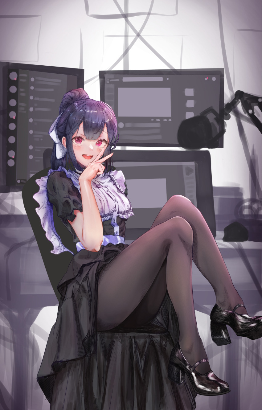 1girl, absurdres, apron, black_dress, black_footwear, black_pantyhose, breasts, chair