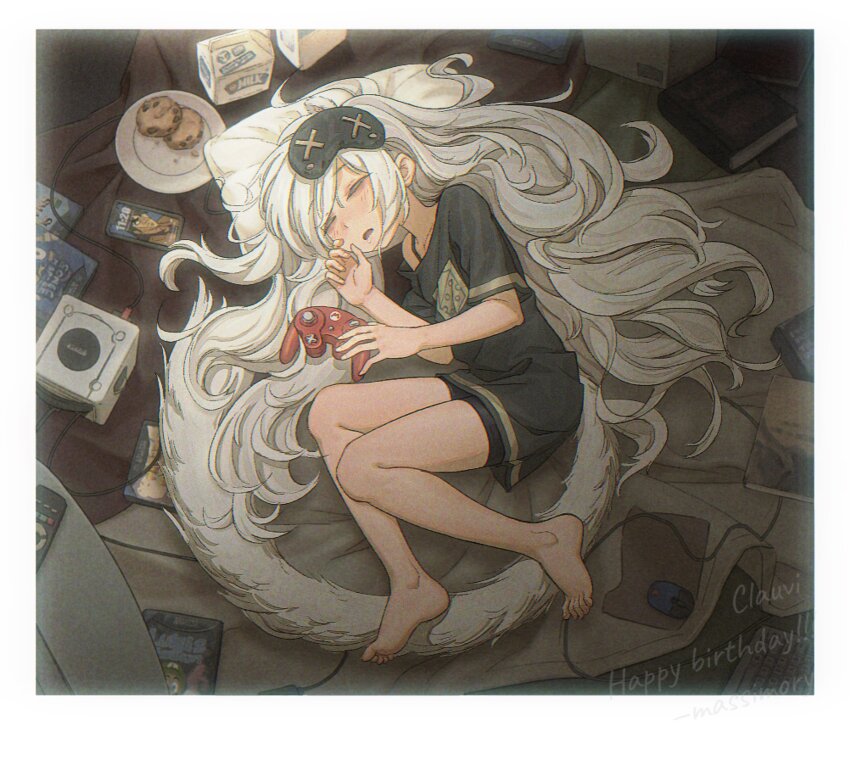 1girl, absurdres, animal_ears, bare_legs, barefoot, bike_shorts, black_shirt, black_shorts