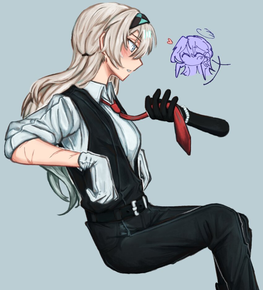 akai_(atcually), belt, bracelet, collared_shirt, cuts, firefly_(honkai:_star_rail), gloves, grey_hair, hairband, highres, honkai:_star_rail, honkai_(series), injury, jewelry, necktie, robin_(honkai:_star_rail), shirt, vest, white_shirt