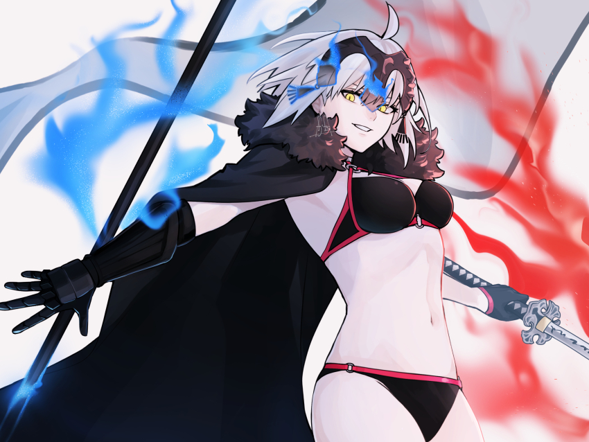 1girl, ahoge, bikini, black_bikini, black_cape, blue_fire, breasts, cape