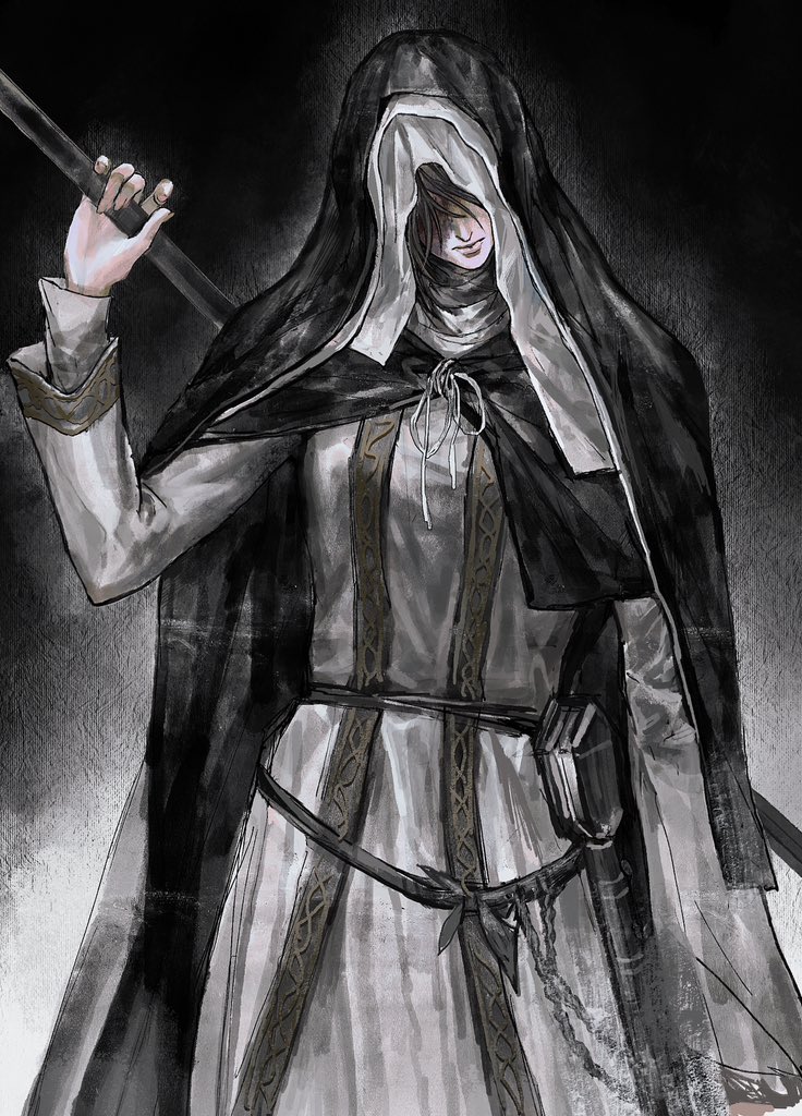 1girl, black_background, bonley, brown_hair, closed_mouth, dark_souls_(series), dark_souls_iii, gradient_background, hair_over_eyes, hashtag-only_commentary, holding, holding_scythe, holding_weapon, nun, scythe, sister_friede, solo, standing, two-tone_background, weapon, white_background