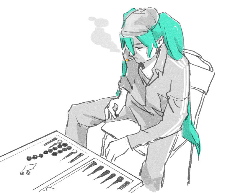 1girl, backgammon, board_game, chair, cigarette, folding_chair, hatsune_miku, nyxelestia