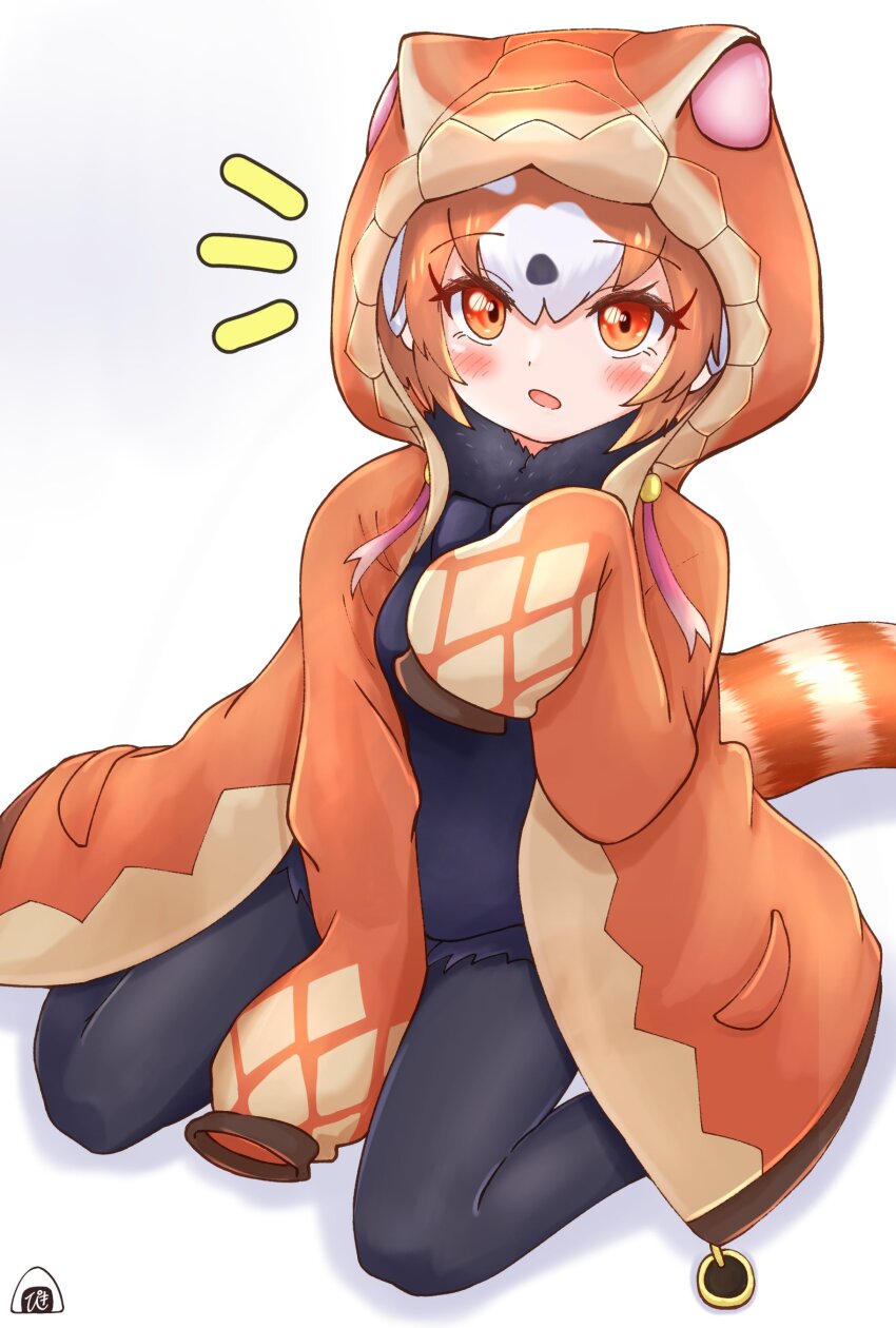 absurdres, black_bow, black_bowtie, black_hair, black_pantyhose, black_shorts, black_sweater, blush, bow, bowtie, cosplay, cutoffs, highres, hood, hood_up, hoodie, kemono_friends, long_sleeves, looking_at_viewer, multicolored_hair, open_clothes, open_hoodie, open_mouth, orange_eyes, orange_hair, orange_hoodie, pantyhose, piki_(zuru-pikio), print_hoodie, red_panda_(kemono_friends), red_panda_girl, red_panda_tail, short_hair, short_shorts, shorts, sitting, sleeves_past_wrists, snake_print, sweater, taipan_(kemono_friends), taipan_(kemono_friends)_(cosplay), wariza, white_hair