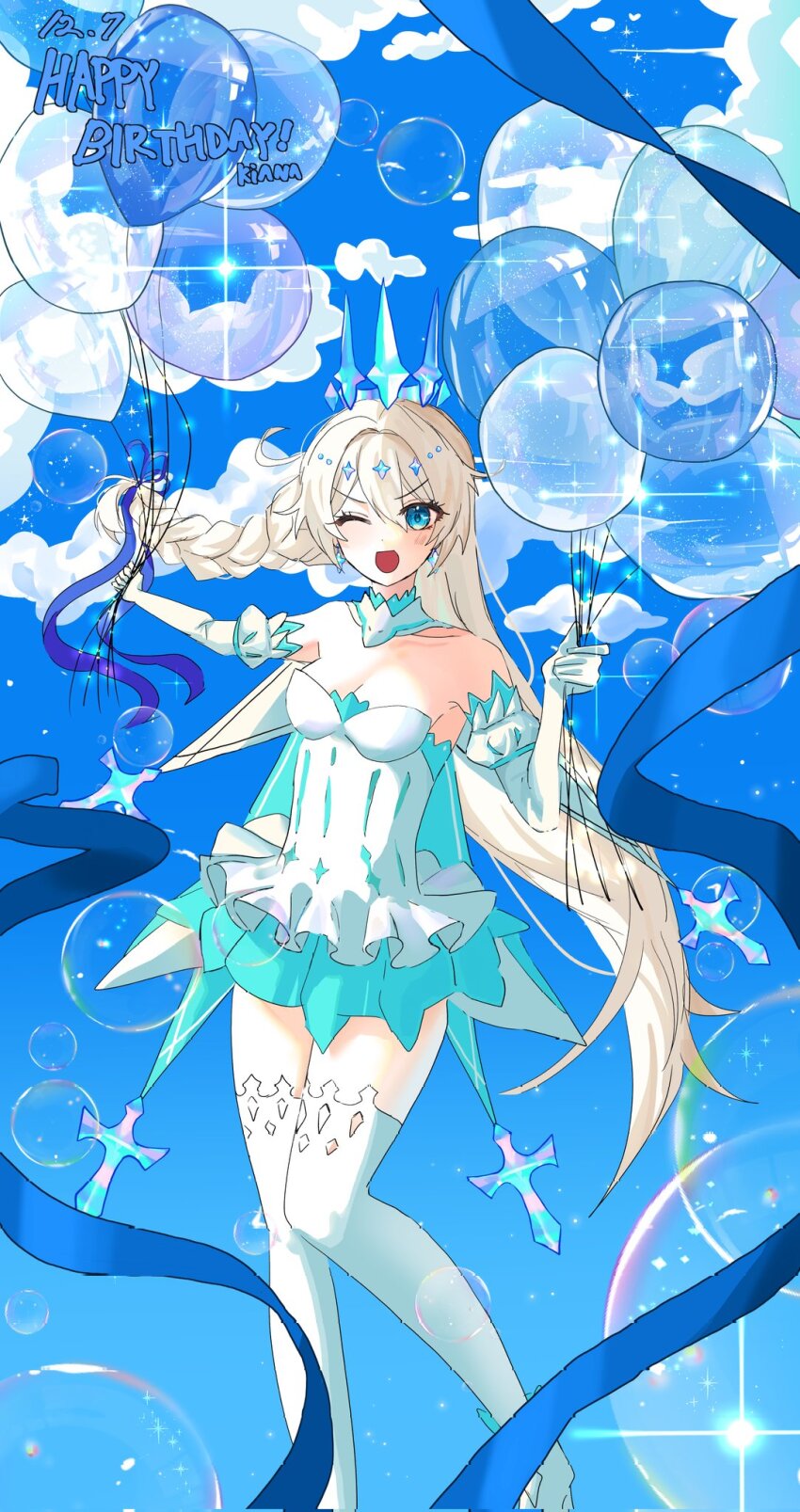1girl, ahoge, balloon, birthday, blue_eyes, blue_sky, braid, bubble