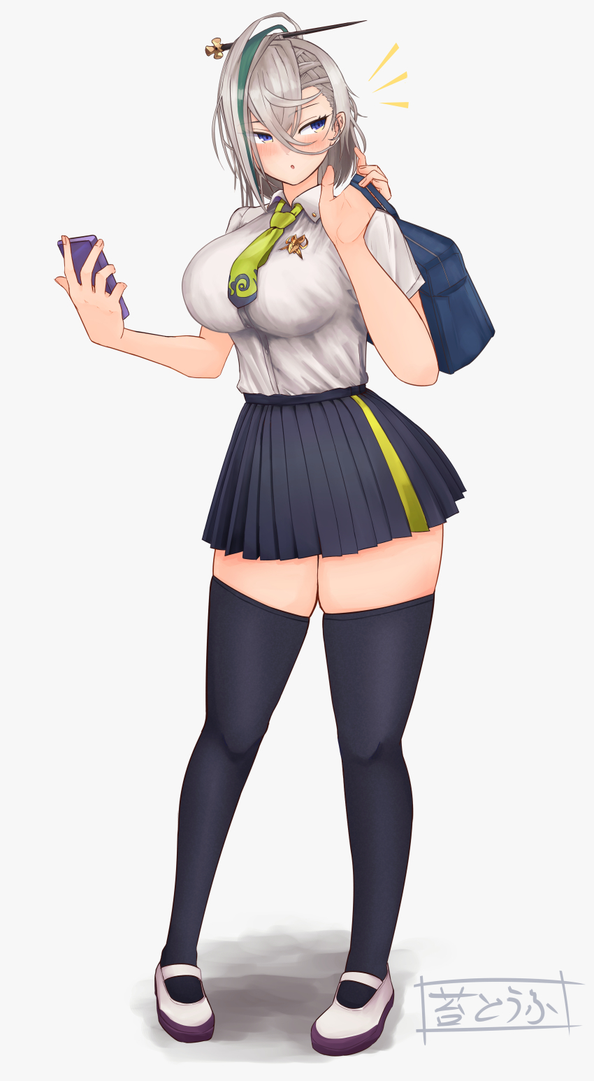 1girl, absurdres, bag, black_skirt, black_thighhighs, blue_eyes, blush, breasts, cellphone, collared_shirt, contemporary, fate/grand_order, fate_(series), full_body, green_hair, hair_between_eyes, hair_ornament, hairpin, highres, huyan_zhuo_(fate), huyan_zhuo_(heartbeat_iron_clubs)_(fate), large_breasts, looking_to_the_side, medium_hair, miniskirt, mujw4524, multicolored_hair, necktie, open_mouth, phone, pleated_skirt, school_bag, shirt, short_sleeves, skirt, solo, streaked_hair, thighhighs, white_footwear, white_hair, white_shirt