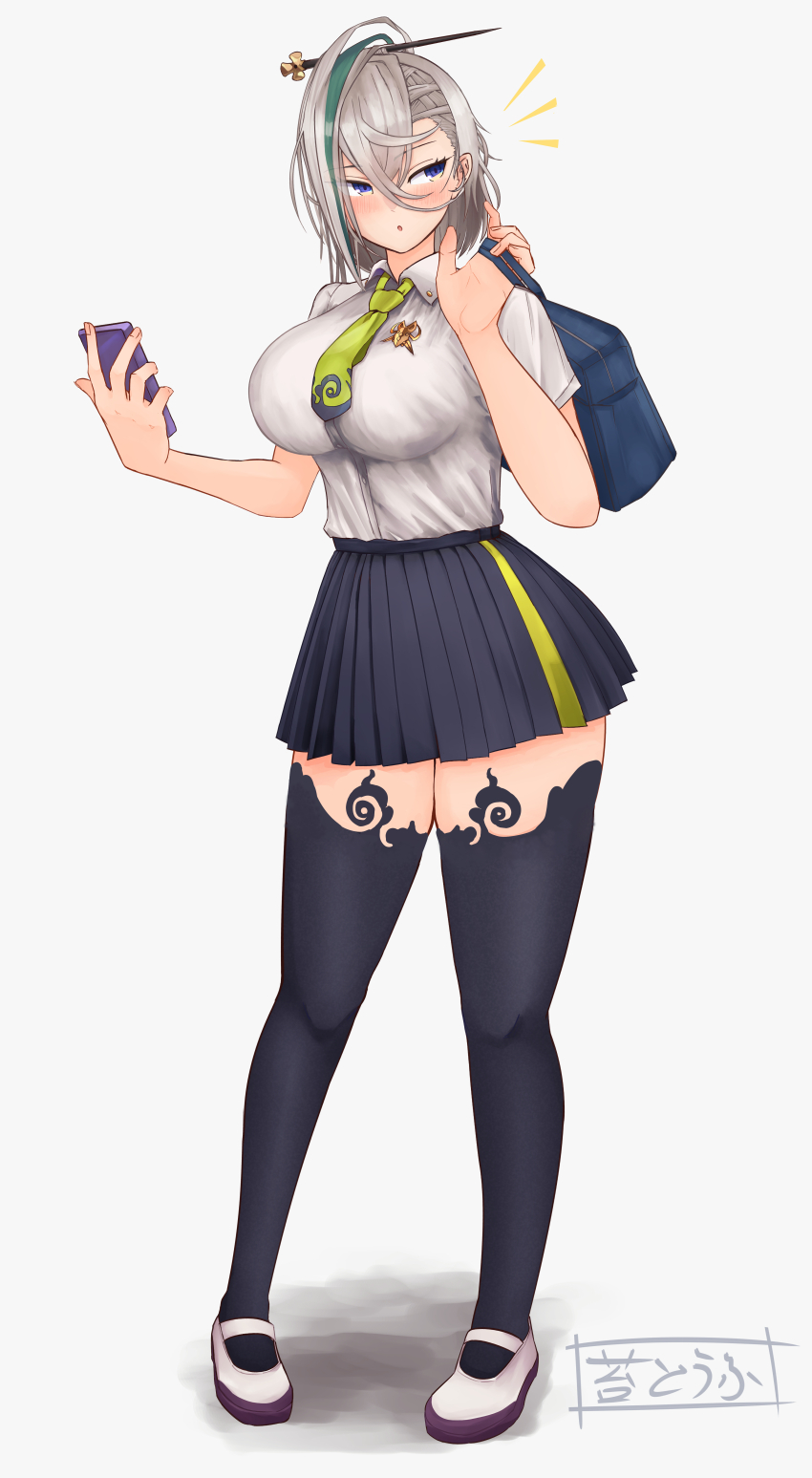 1girl, absurdres, bag, black_skirt, black_thighhighs, blue_eyes, blush, breasts, cellphone, collared_shirt, contemporary, fate/grand_order, fate_(series), full_body, green_hair, hair_between_eyes, hair_ornament, hairpin, highres, huyan_zhuo_(fate), huyan_zhuo_(heartbeat_iron_clubs)_(fate), large_breasts, looking_to_the_side, medium_hair, miniskirt, mujw4524, multicolored_hair, necktie, open_mouth, phone, pleated_skirt, school_bag, shirt, short_sleeves, skirt, solo, streaked_hair, thighhighs, white_footwear, white_hair, white_shirt