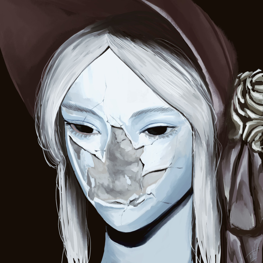 1girl, album_cover_redraw, black_eyes, bloodborne, bonnet, commentary, crack, cracked_skin