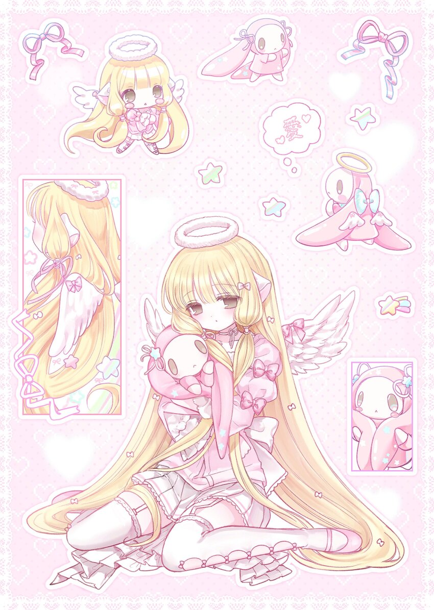 1girl, :<, absurdres, angel_wings, animal, atashi_(chobits), back_bow, blonde_hair