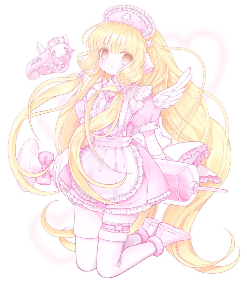 1girl, angel_wings, apron, arms_behind_back, atashi_(chobits), back_bow, blonde_hair, blunt_bangs