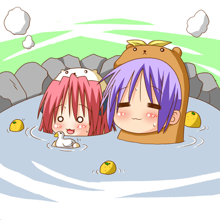 00s, 2girls, :3, =_=, animal_costume, bath, bear_costume, bear_tsukasa