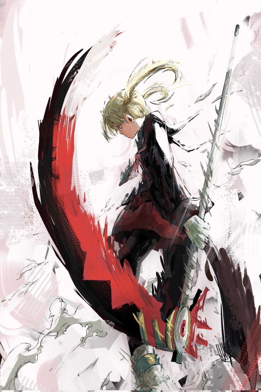 1girl, black_gloves, blonde_hair, boots, colorized, commentary, floating_hair, gloves, highres, holding, holding_scythe, looking_ahead, maka_albarn, necktie, ohkubo_atsushi, scythe, smoke, soul_eater, twintails, vicfaust, white_gloves