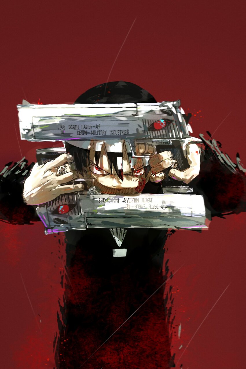 1boy, black_hair, colorized, commentary, death_the_kid, gun, hair_between_eyes, highres