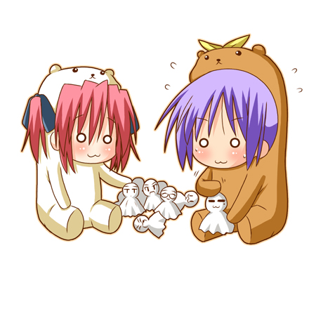 00s, 2girls, :3, =_=, animal_costume, bear_costume, bear_tsukasa, bear_yutaka
