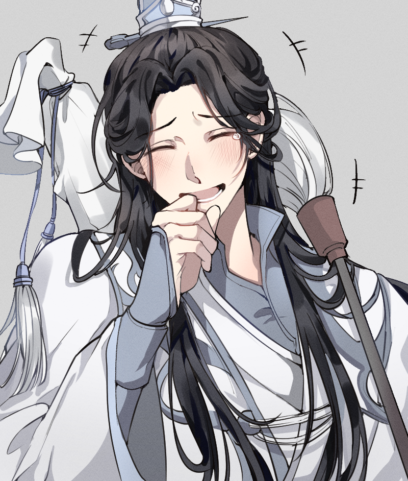 1boy, black_hair, chinese_clothes, closed_eyes, grey_background, hand_to_own_mouth, hanfu, hossu