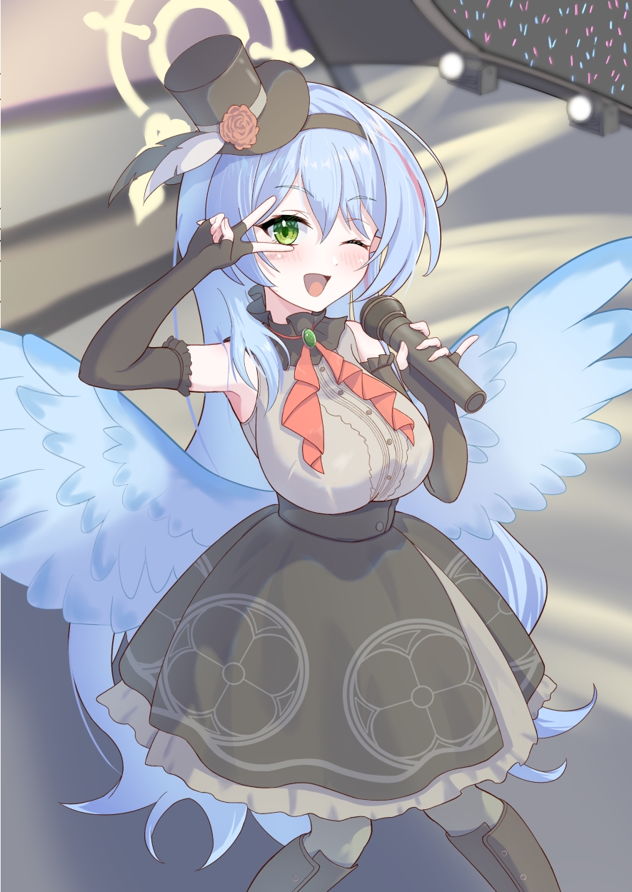1girl, angel, armpits, black_dress, blue_archive, blue_hair, breasts, dress