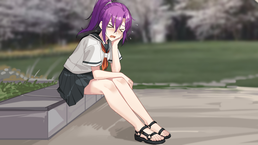 >_<, 1girl, absurdres, bare_legs, black_sailor_collar, black_sandals, black_skirt, blurry