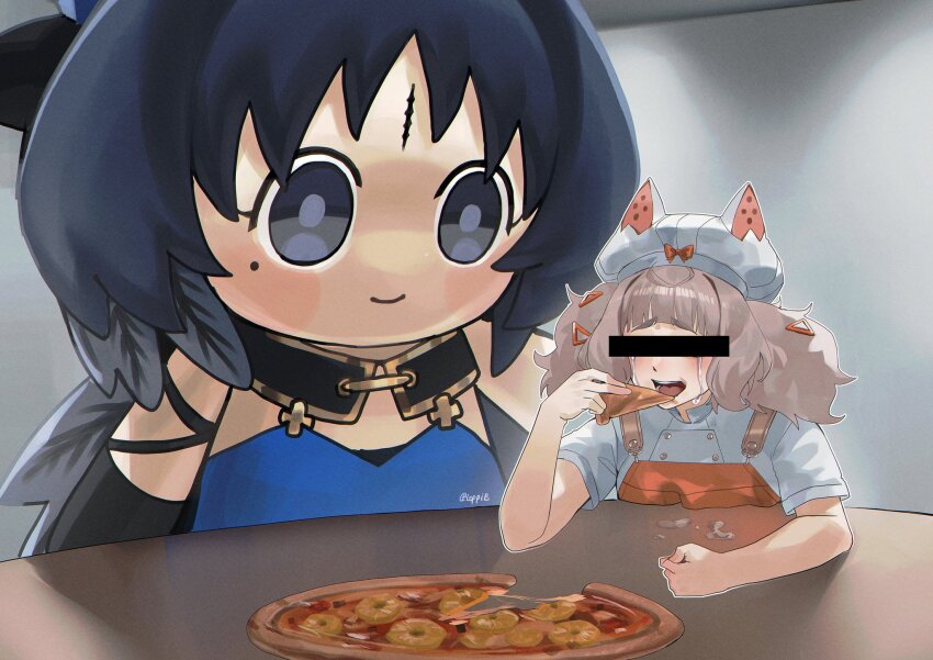 2girls, black_eyes, blank_room_soup, brown_hair, censored, censored_identity, clenched_hand, closed_mouth