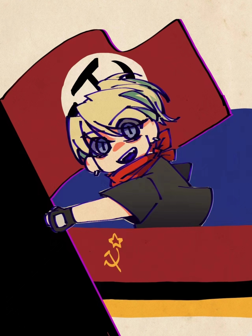 1girl, bandana, black_gloves, black_jacket, black_shirt, blonde_hair, blue_eyes, chen_feng_(slbdofcl), chibi, chibi_only, commission, commissioner_upload, communism, darya_karamazova, dynamic_pose, earrings, fang, fangs, fingerless_gloves, flag, flagpole, from_side, gloves, hair_between_eyes, hammer_and_sickle, highres, holding, holding_flag, jacket, jewelry, looking_at_viewer, nazbol, non-web_source, open_mouth, original, poster_(medium), propaganda, red_bandana, red_scarf, russia, russian_empire, scarf, shirt, short_hair, short_sleeves, silver_earrings, smile, solo, soviet, soviet_flag, teeth, upper_teeth_only