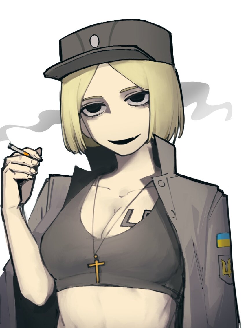 1girl, azov_battalion, bad_source, black_eyes, black_jacket, black_sports_bra, blonde_hair, breasts, buttons, chen_feng_(slbdofcl), cigarette, cleavage, collared_jacket, cross, cross_necklace, emblem, empty_eyes, fang, hat, head_tilt, highres, holding, holding_cigarette, insignia, jacket, jacket_on_shoulders, jewelry, lapels, long_sleeves, looking_to_the_side, marichka, medium_breasts, medium_hair, midriff, military, military_hat, military_jacket, military_uniform, nazi, necklace, no_pupils, open_clothes, open_jacket, open_mouth, original, peaked_cap, russo-ukrainian_war, simple_background, skin_fang, smile, smoke, smoking, smug, soldier, solo, sports_bra, standing, swastika, swastika_tattoo, tattoo, tryzub, ukraine, ukrainian_flag