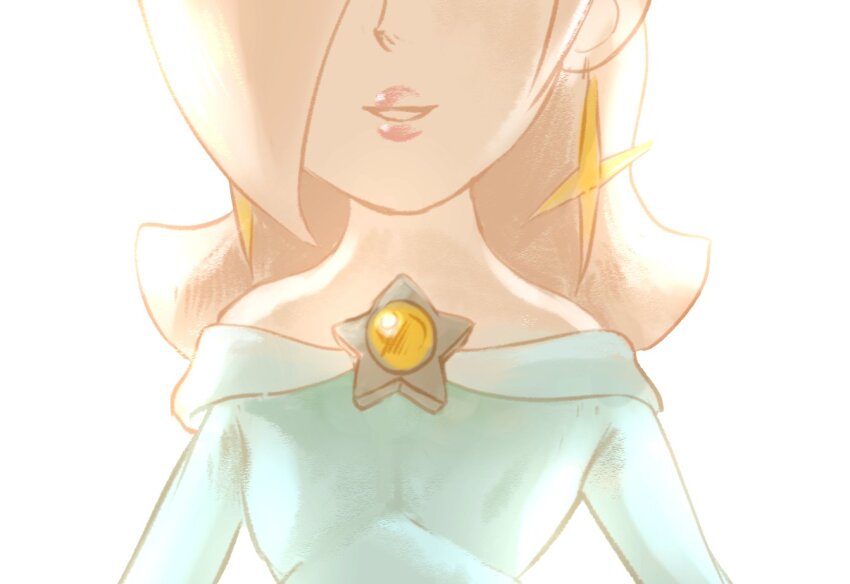 1girl, bare_shoulders, blonde_hair, blue_dress, brooch, commentary_request, dress, earrings, eyes_out_of_frame, head_out_of_frame, jewelry, long_hair, mario_(series), nintendo, off-shoulder_dress, off_shoulder, parted_lips, rosalina, smile, solo, star_(symbol), star_brooch, star_earrings, super_mario_galaxy, upper_body, white_background, yellowfrog88