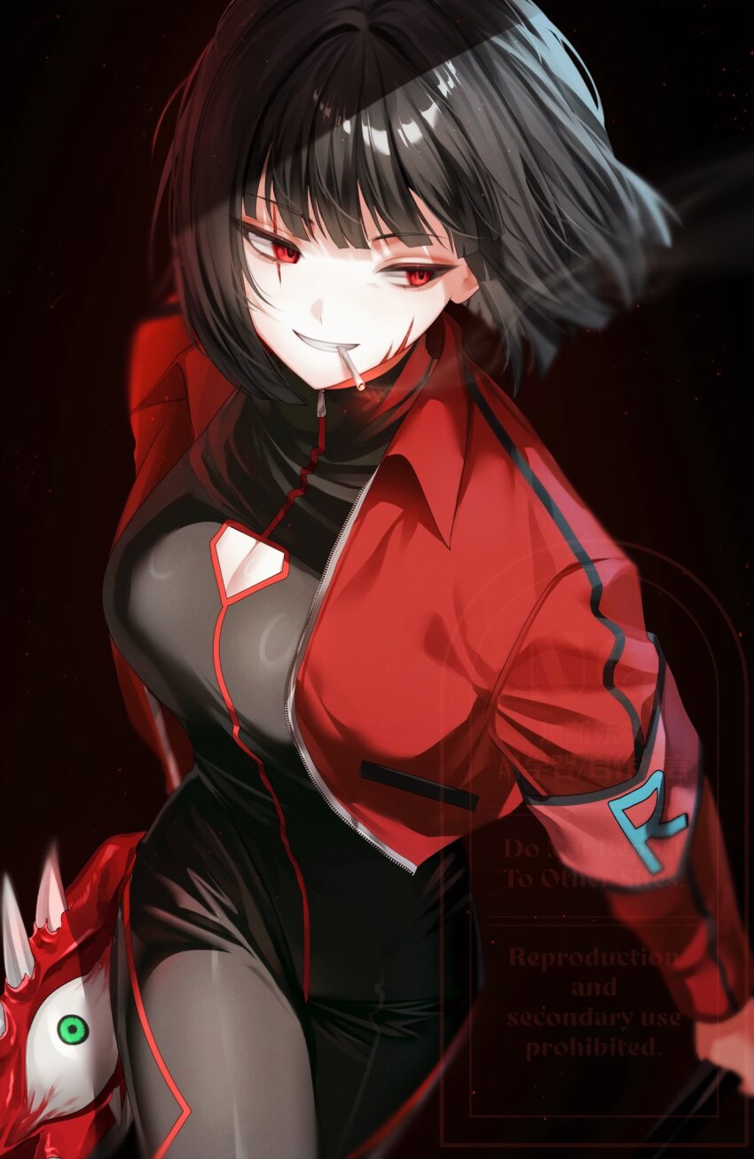 1girl, black_background, black_hair, black_leotard, breasts, cigarette, cleavage, cleavage_cutout, clenched_teeth, clothing_cutout, coat, cosplay, dual_wielding, e.g.o_(project_moon), facial_scar, gebura_(project_moon), gebura_(project_moon)_(cosplay), grin, highres, holding, jacket, leotard, limbus_company, long_sleeves, medium_breasts, mimicry_(e.g.o), open_mouth, project_moon, red_coat, red_eyes, red_jacket, ryoshu_(project_moon), scar, scar_across_eye, scar_on_cheek, scar_on_face, short_hair, simple_background, smile, smoke, smoking, sohdvh_khos_ph, solo, teeth, weapon