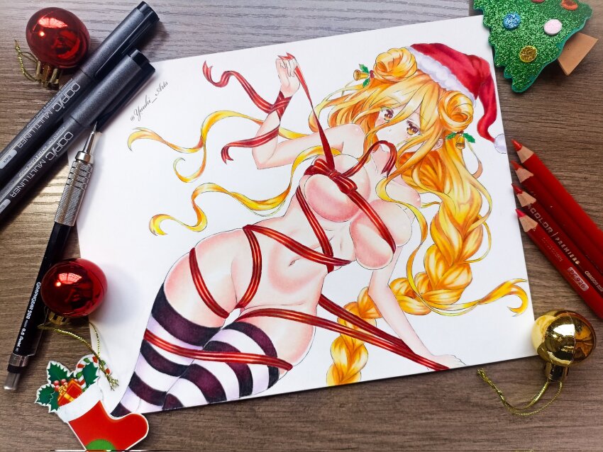 1girl, art_tools_in_frame, bare_shoulders, bell, blonde_hair, breasts, christmas, date_a_live