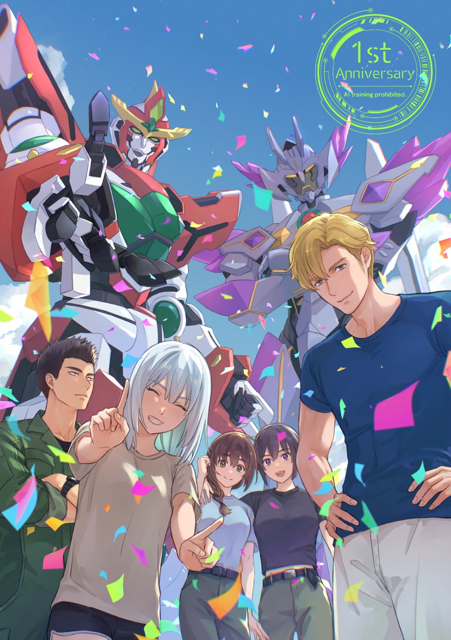 2boys, 3girls, ao_isami, black_hair, blonde_hair, blue_shirt, braid, bravern