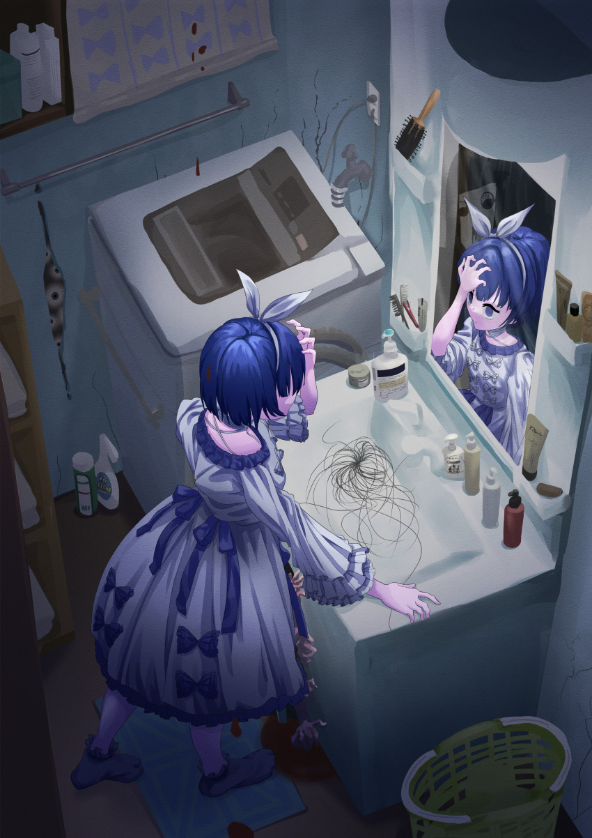1girl, absurdres, ambiguous_red_liquid, bathroom, blue_hair, blue_ribbon, bow, crack
