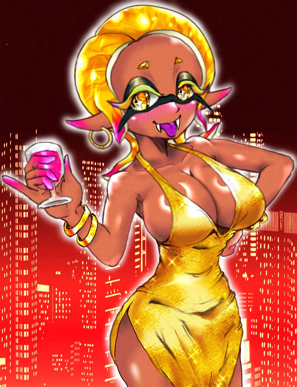 1girl, blonde_hair, bracelet, breasts, building, city, cityscape, cleavage