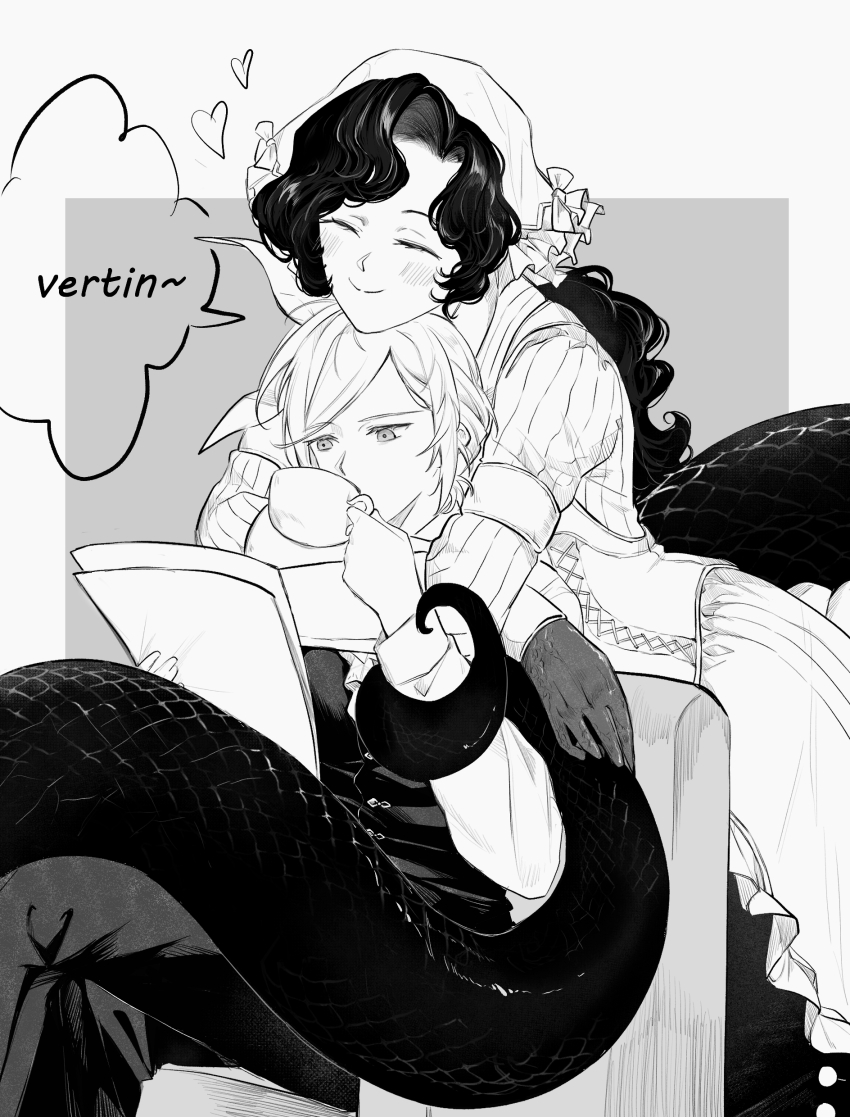 ^_^, absurdres, anjo_nala, arms_around_neck, chair, character_name, chin_rest, closed_eyes