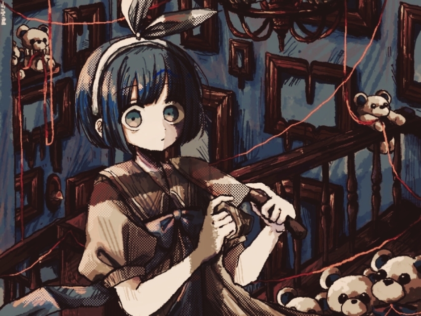 1girl, blank_stare, blue_bow, blue_eyes, blue_hair, bow, closed_mouth, collared_dress, dot_nose, dress, hair_bow, holding, holding_knife, indie_utaite, indoors, knife, looking_at_viewer, mirror, puffy_short_sleeves, puffy_sleeves, shaded_face, short_hair, short_sleeves, solo, string, string_of_fate, stuffed_animal, stuffed_toy, teddy_bear, unnamed_girl_(x0o0x), utaite, wasabi_natsume, white_bow, white_dress, wide-eyed, x0o0x_(utaite)