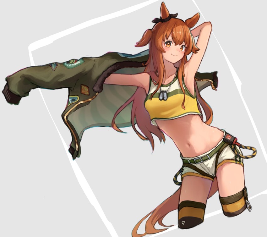 1girl, animal_ears, arm_up, armpits, bow, breasts, closed_mouth, cocoa_inryo