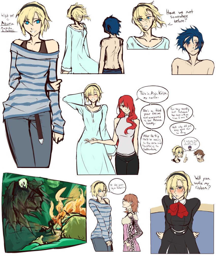 absurdres, aigis_(persona), amada_ken, blonde_hair, blue_dress, brown_hair, casual, dress, english_text, hairband, highres, humanization, kirijou_mitsuru, long_hair, long_sleeves, medium_hair, moren_eh, persona, persona_3, pink_dress, red_hair, short_hair, simple_background, smile, speech_bubble, takeba_yukari, yuuki_makoto_(persona_3)