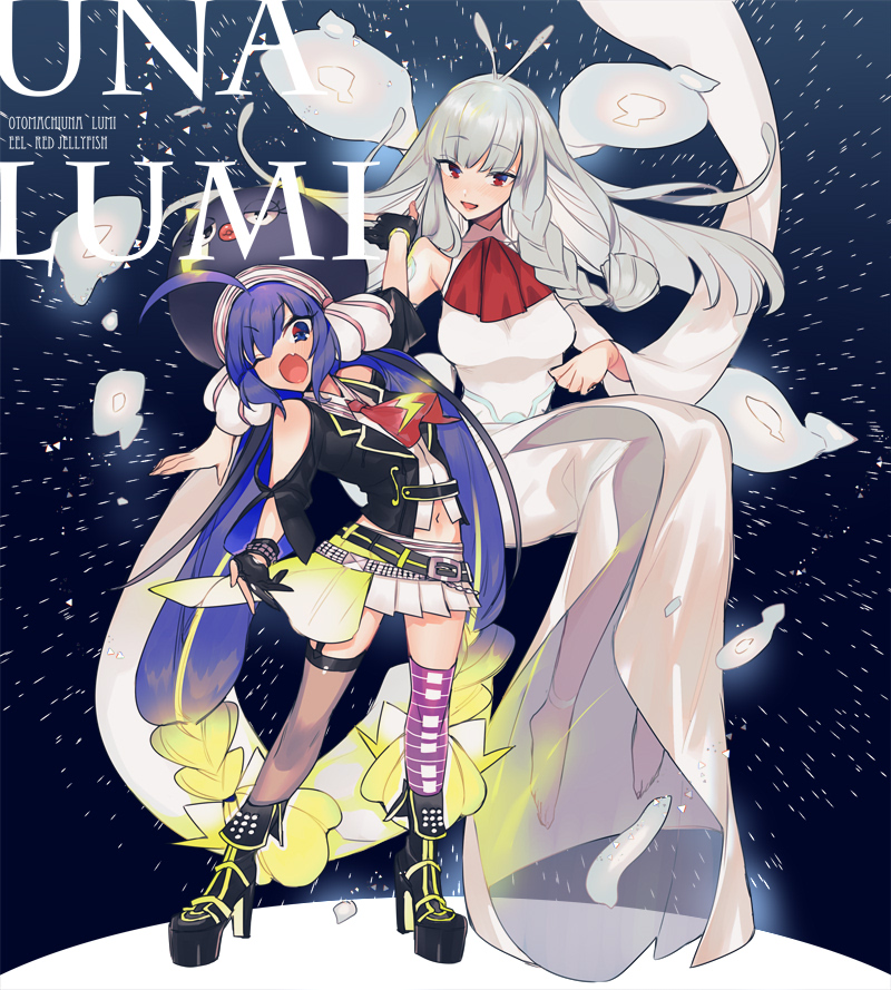 2girls, ahoge, ascot, asymmetrical_legwear, barefoot, blue_eyes, blue_hair, braid