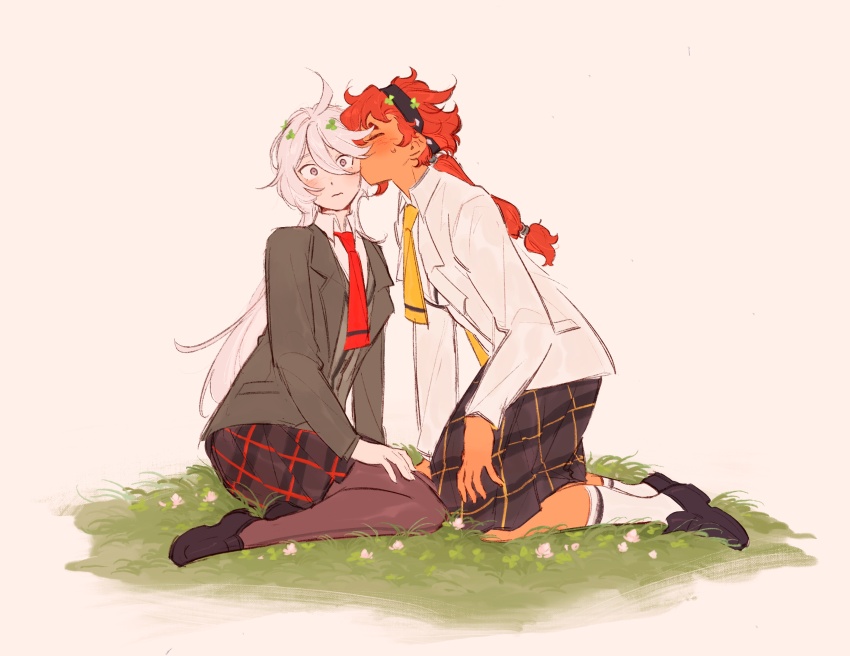 2girls, absurdres, black_footwear, black_hairband, black_pantyhose, black_skirt, blush, closed_eyes