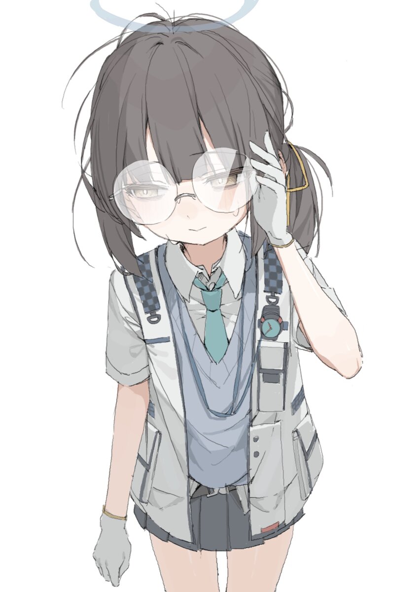 1girl, absurdres, black_hair, black_skirt, blue_archive, blue_necktie, blue_sweater_vest, blunt_bangs