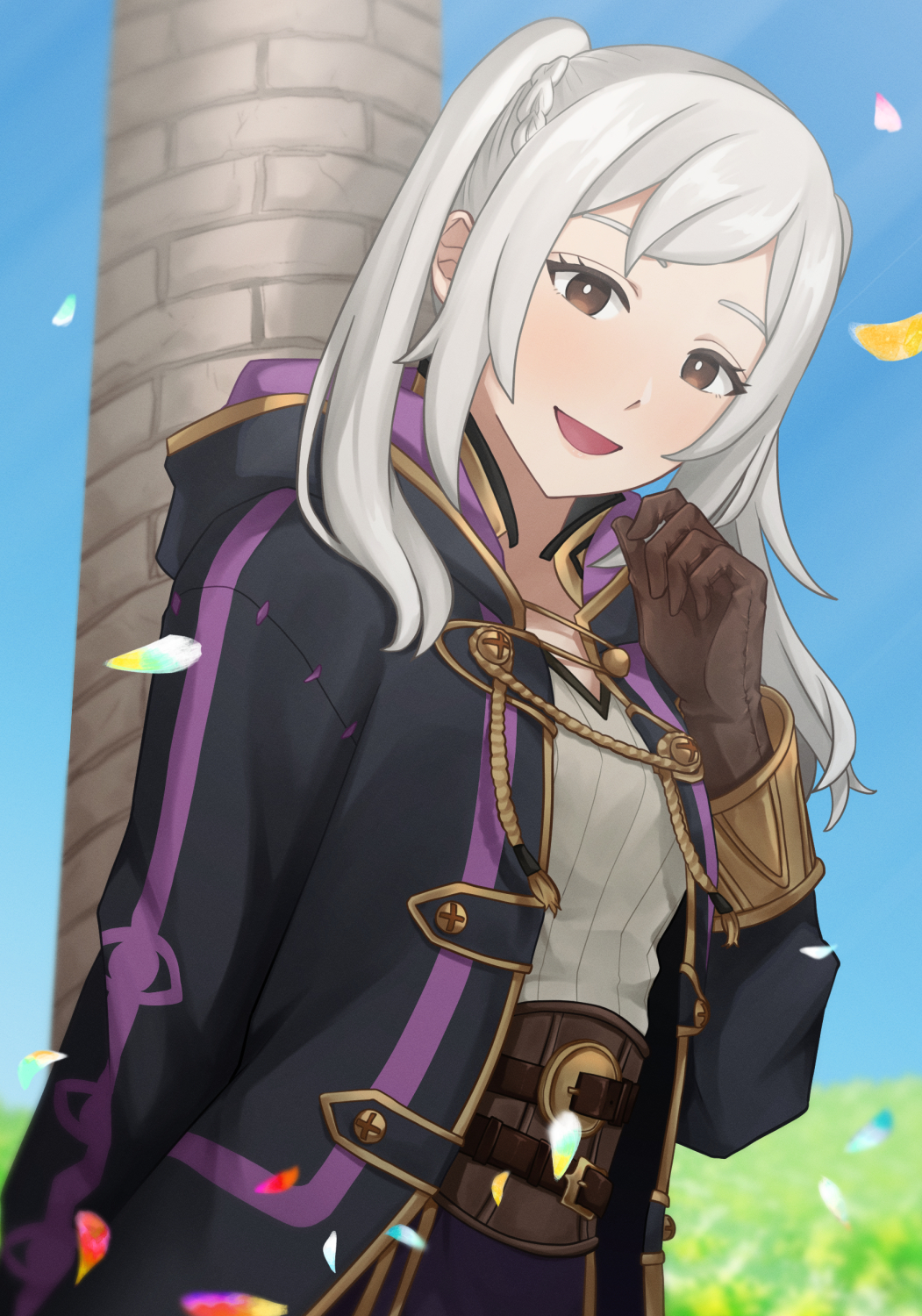1girl, :d, belt, black_robe, braid, breasts, brown_belt, brown_eyes, brown_gloves, female_robin_(fire_emblem), fire_emblem, fire_emblem_awakening, gloves, hand_up, highres, long_hair, long_sleeves, looking_at_viewer, multiple_belts, nintendo, open_clothes, open_mouth, open_robe, oregasennseida, robe, shirt, smile, solo, tongue, twintails, white_hair, white_shirt