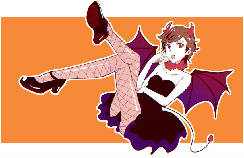 1girl, black_dress, black_footwear, brown_hair, classicaloid, collarbone, convenient_skirt, crossed_legs, demon_girl, demon_horns, demon_tail, demon_wings, dress, eyelashes, fishnet_pantyhose, fishnets, hair_ornament, hairclip, horns, kusano_gurima, letterboxed, looking_at_viewer, open_mouth, otowa_kanae, pantyhose, short_hair, solo, tail, wings