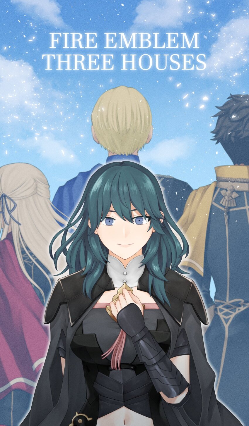 2boys, 2girls, black_cape, blonde_hair, blue_eyes, blue_sky, breasts, female_byleth_(fire_emblem)
