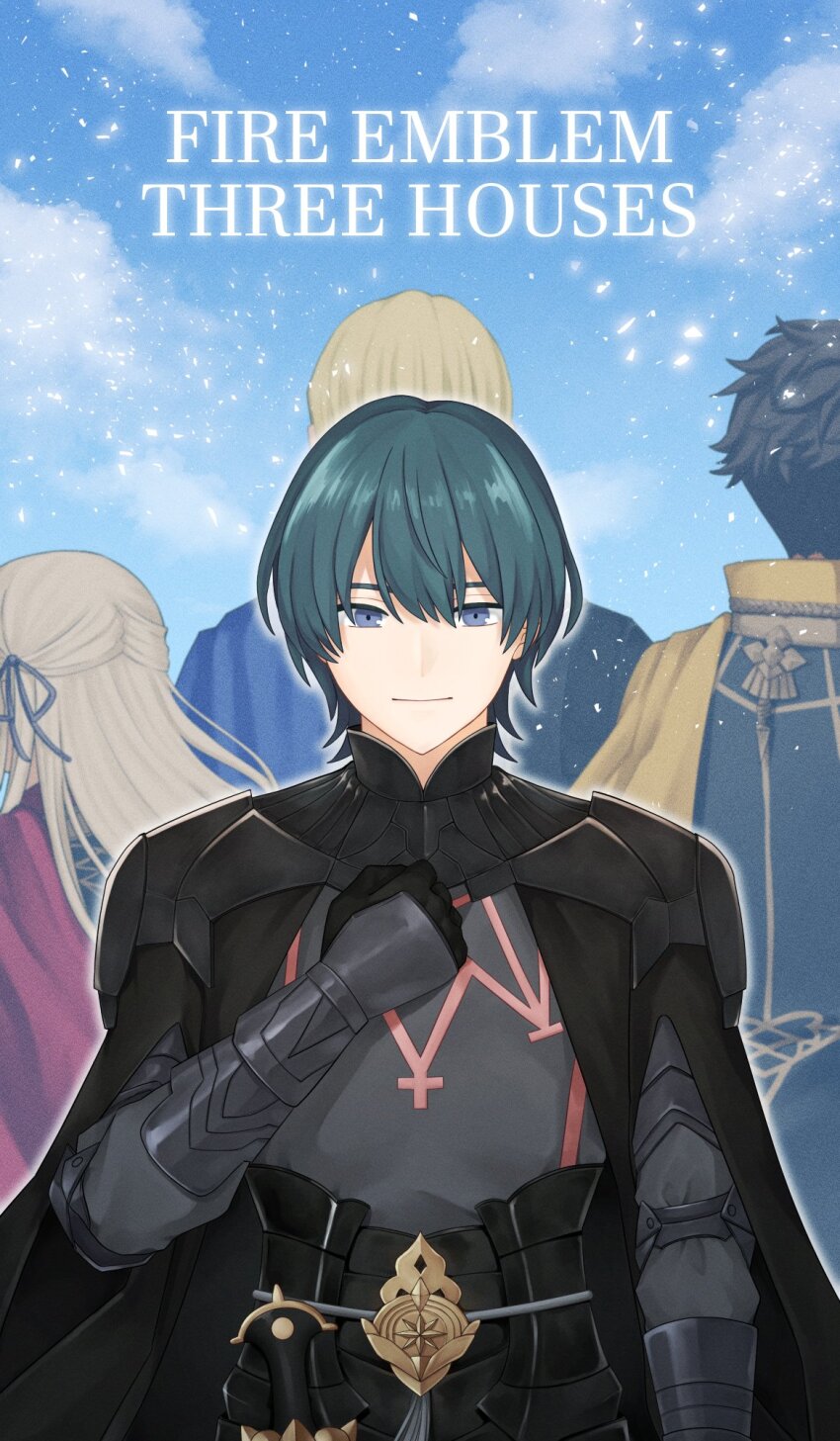 1girl, 3boys, black_cape, blonde_hair, blue_hair, blue_sky, male_byleth_(fire_emblem), cape