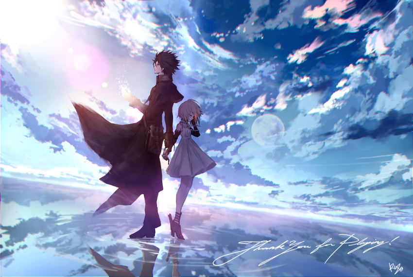 1boy, 1girl, ahat_(ta_ga_tame_no_alchemist), artist_name, black_eyes, black_hair, blue_sky, closed_eyes